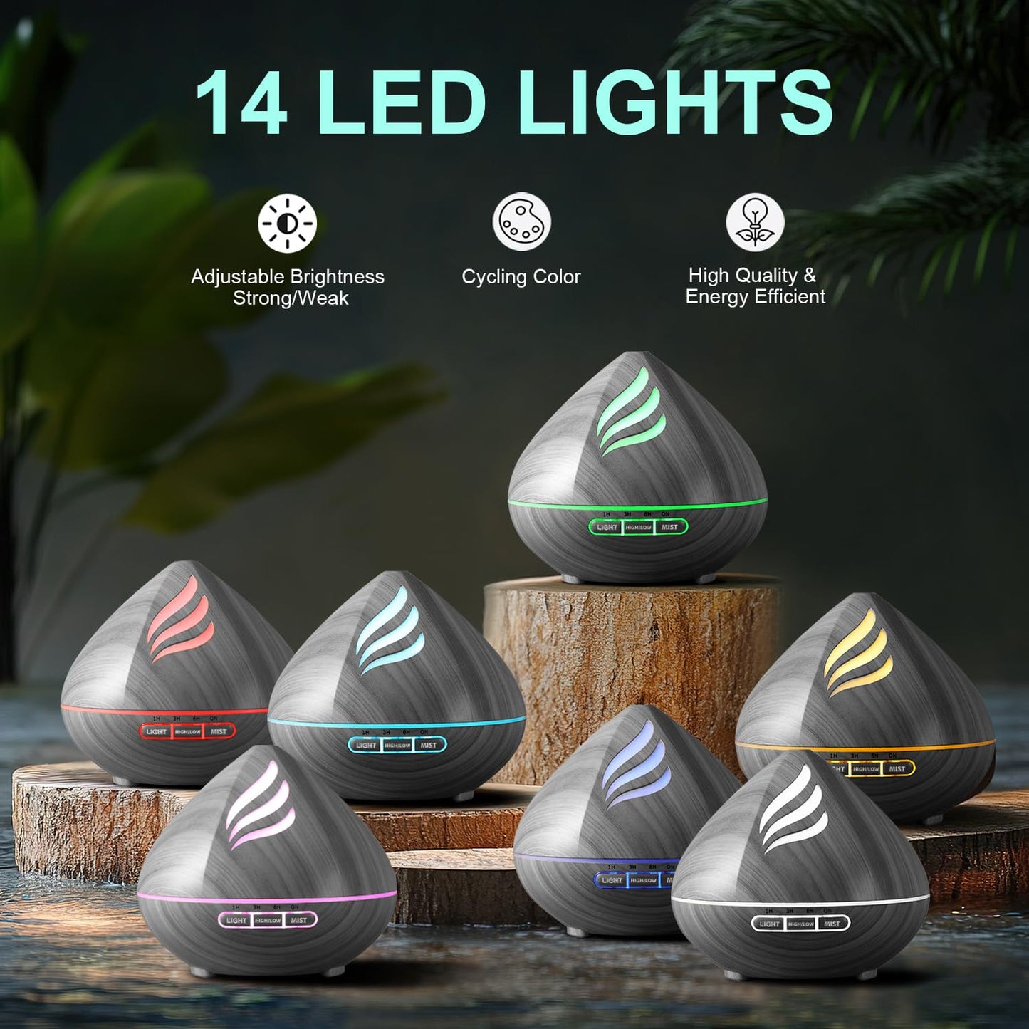 Essential Oil Diffuser 500ML with Remote - 14 LED Colors - Waterless Auto-Off - Dark Grey