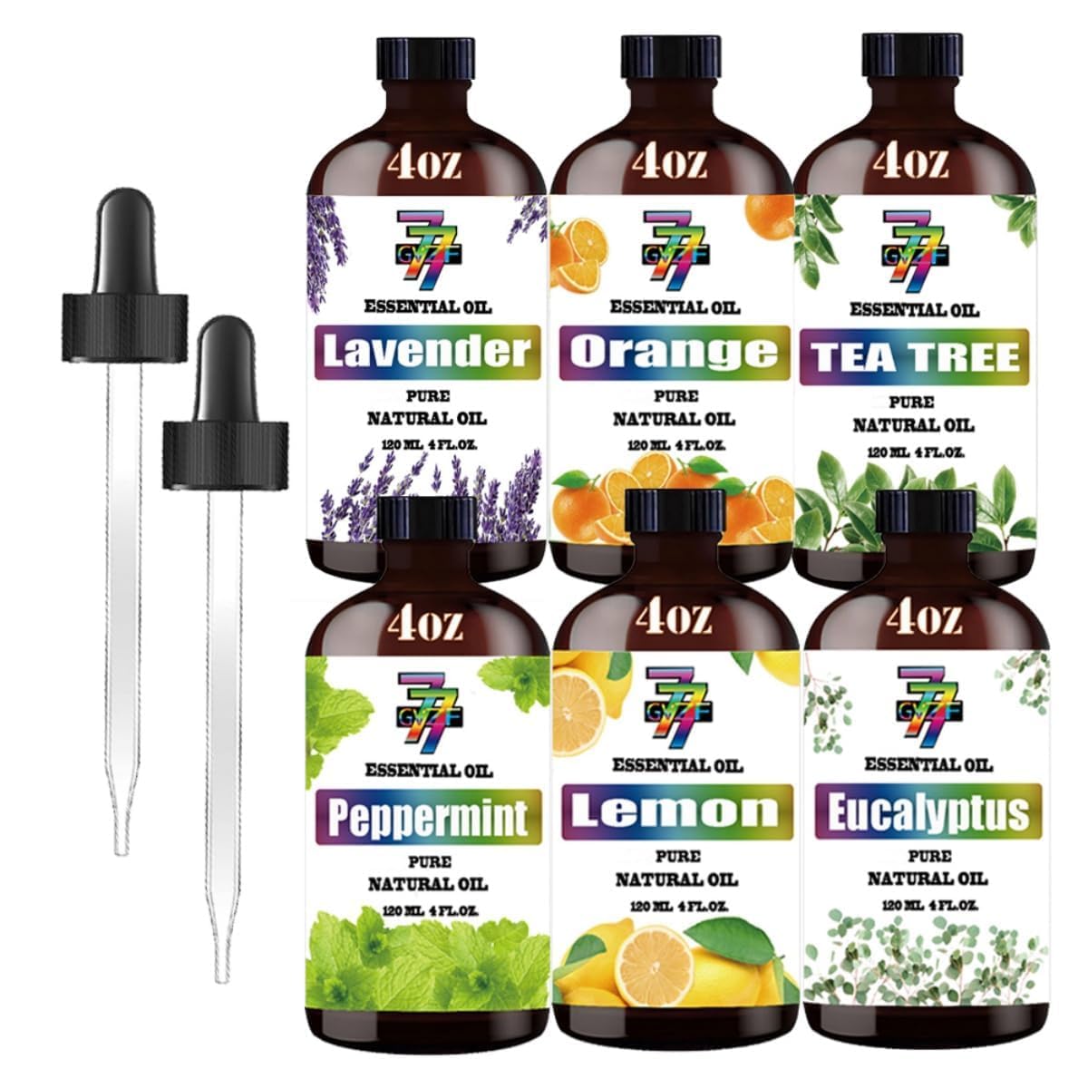 Essential Oil Set – Six 4oz Bottles (Lavender, Peppermint, Lemon, Sweet Orange, Tea Tree, Eucalyptus)