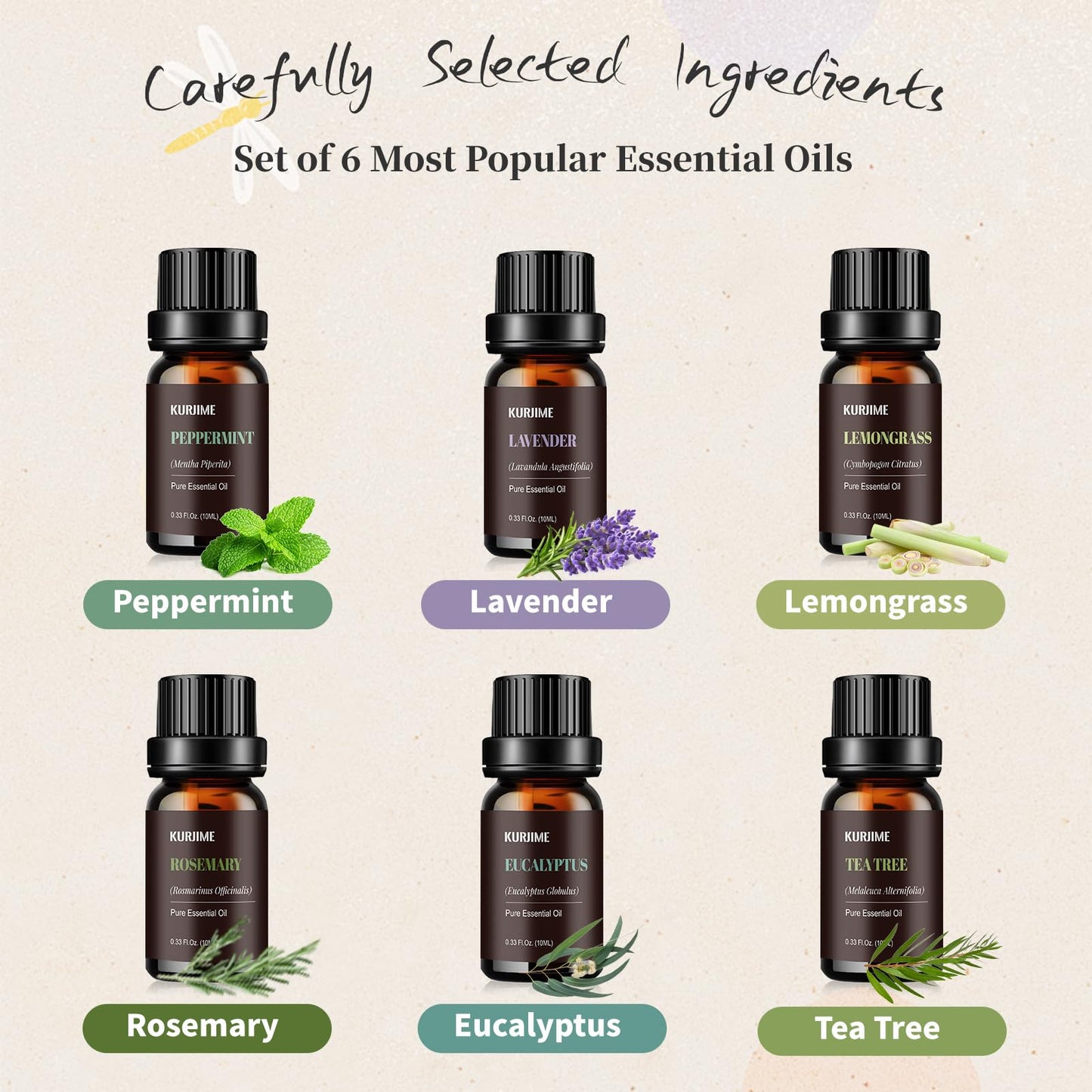 Essential Oil Set - Top 6 Aromatherapy Diffuser Oils (Peppermint, Lavender, Lemongrass, Eucalyptus, Rosemary, Tea Tree) 10ml