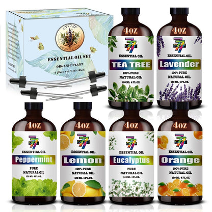 Essential Oil Set – Six 4oz Bottles (Lavender, Peppermint, Lemon, Sweet Orange, Tea Tree, Eucalyptus)