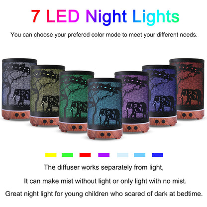 Essential Oils Diffuser - Aromatherapy Diffuser with 7-Color LED Lights, Auto-Off Metal Humidifier (Elephant)
