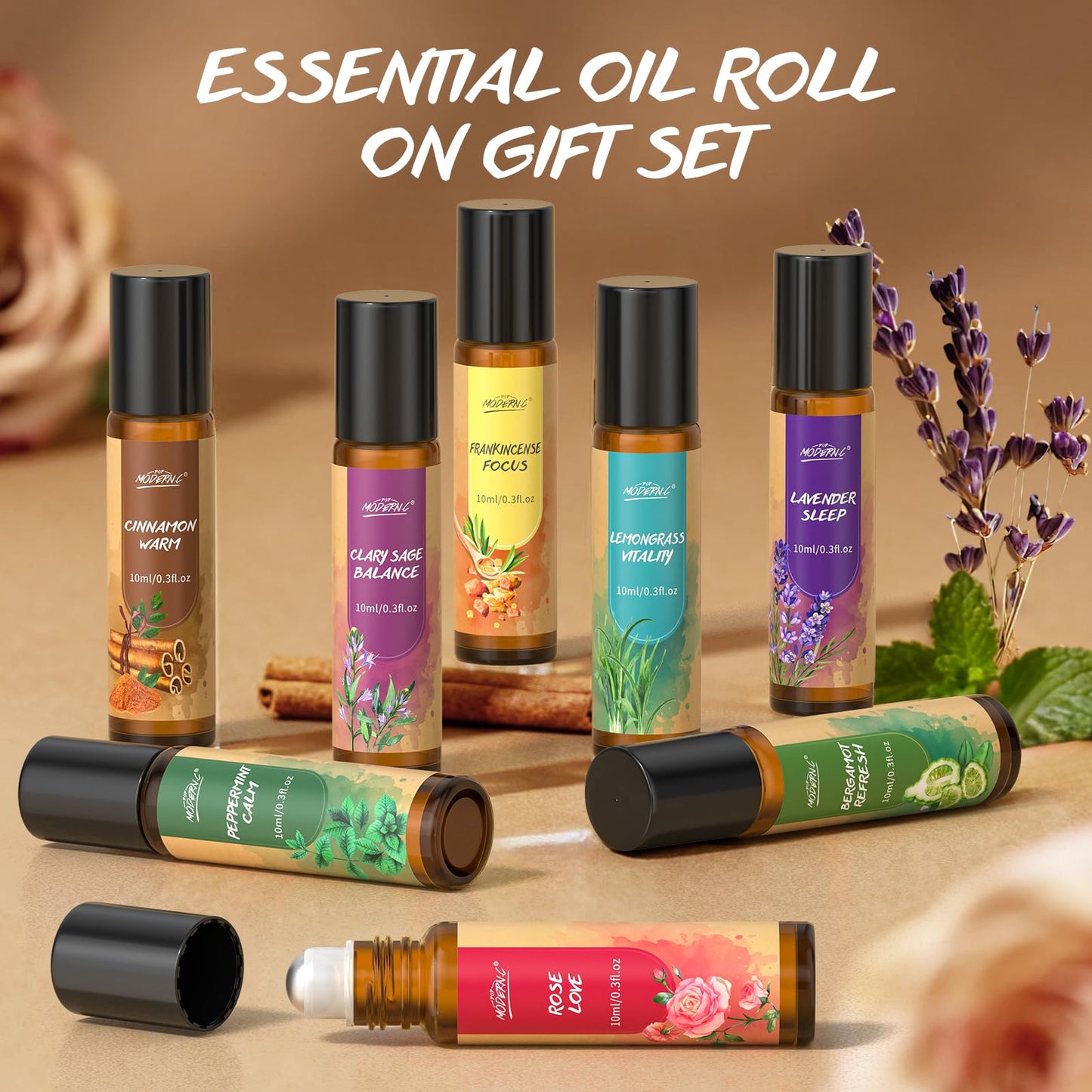 Essential Oils Roll-On Set for Women – 8pcs (Lavender, Frankincense, Peppermint, Bergamot, Lemongrass, Cinnamon, Rose, Clary Sage) – Gift Ready