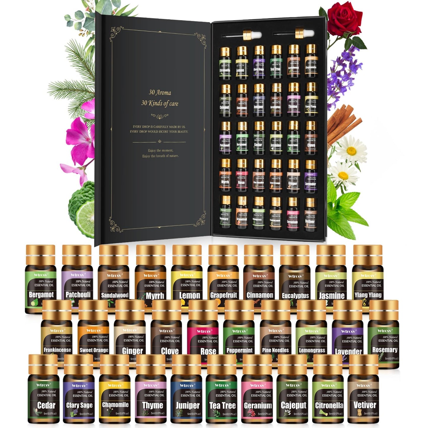 Essential Oils Set - Diffuser & Aromatherapy Kit (30x5 ml) | Skin & Hair Care