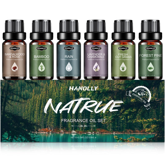Essential Oils Set – Nature Scents Aromatherapy Kit (6x10ml) Sandalwood & Rose, Bamboo, Rain, Lavender & Chamomile, Fresh Cut Grass, Forest Pine