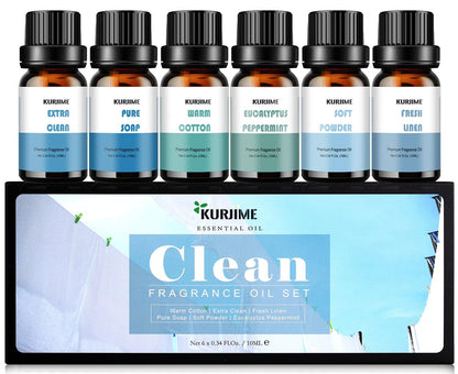 Essential Oils Set - Clean Scents for Diffuser & Aromatherapy (6x10ml): Fresh Linen, Eucalyptus Peppermint