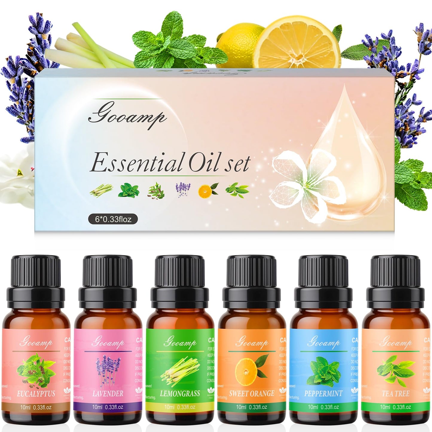 Essential Oils Set - Top 6 Organic Blends (Peppermint, Tea Tree, Lavender, Eucalyptus, Lemongrass, Orange) 6x0.33 fl oz