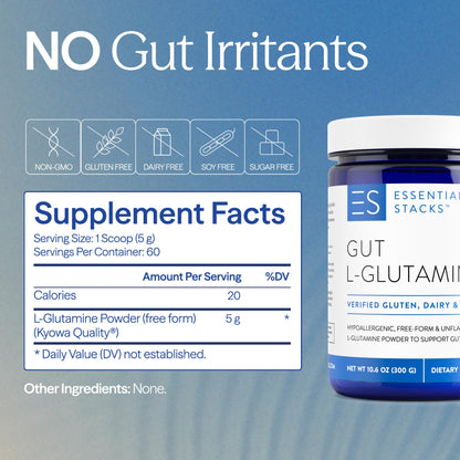 Essential Stacks Gut L-Glutamine Powder - USA Made - Pure L-Glutamine for Gut Health (60 Servings, Unflavored)