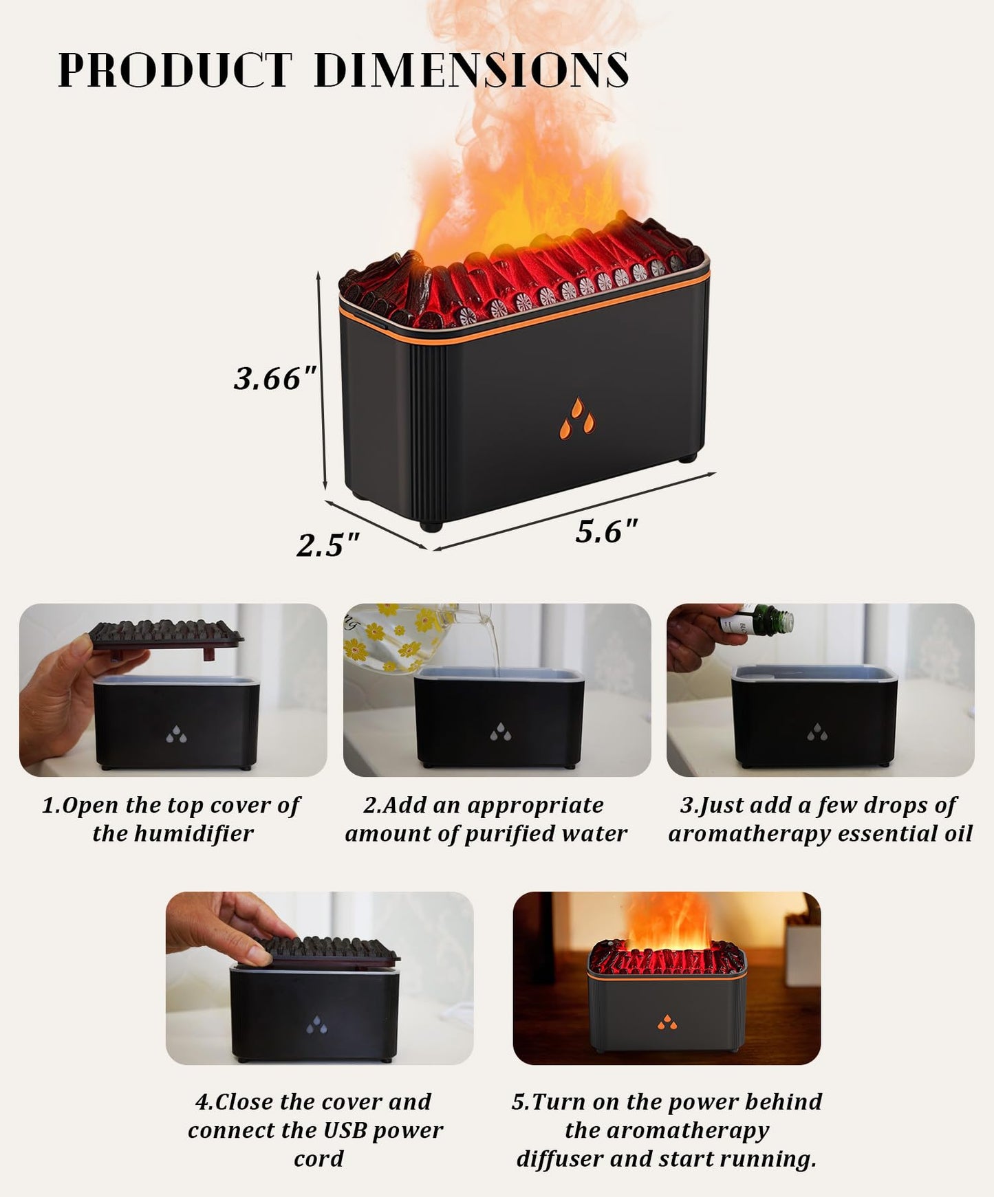 Essential Oil Diffuser with Flame Effect - 7-Color Lights, Auto Shut-Off (Black)
