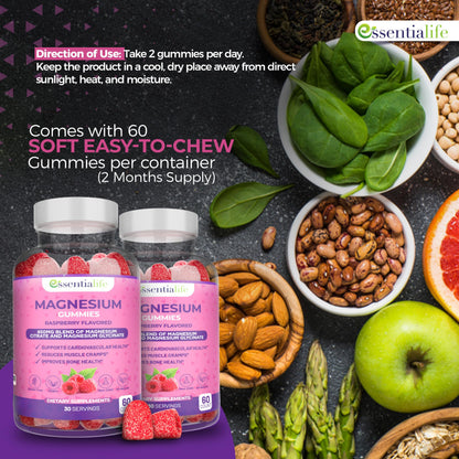 Magnesium Gummies 2 Packs – Essentialife 100mg Mg per Serving | Citrate & Glycinate