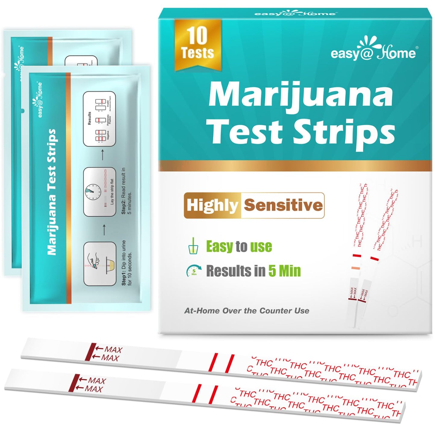 Easy@Home THC Drug Test Strips - 10 Pack Urine Test Kit (50 ng/mL) ESTH-115