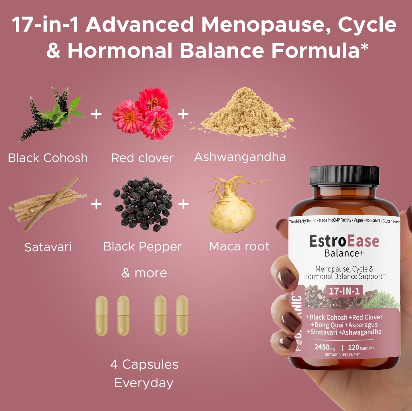 FIRSTORGANIC EstroEase Balance+ 2450mg – 17-in-1 Plant-Based Women’s Hormonal Balance