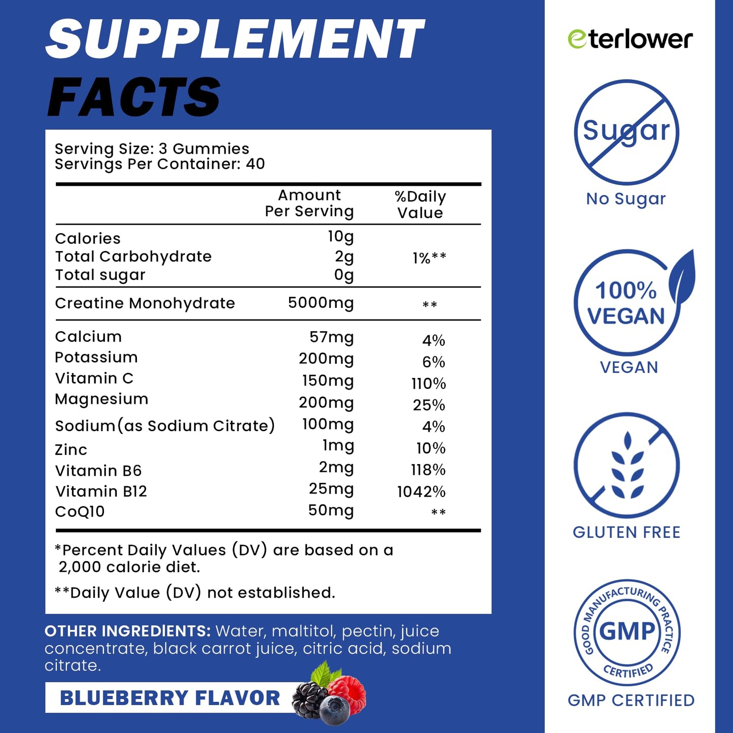 eterlower Creatine Monohydrate Gummies 5g – Blueberry, Sugar Free & Vegan | 120 Count