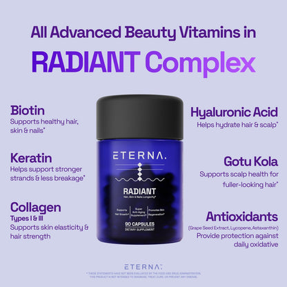 ETERNA RADIANT Healthy Hair Growth Supplement – Biotin, Collagen, Keratin, Hyaluronic Acid | 10-in-1 Formula | 1 Month Supply