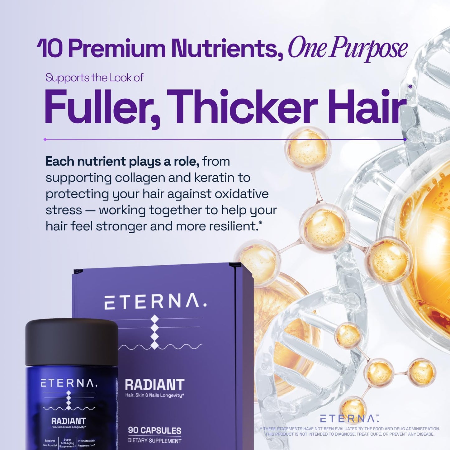 ETERNA RADIANT Healthy Hair Growth Supplement – Biotin, Collagen, Keratin, Hyaluronic Acid | 10-in-1 Formula | 1 Month Supply