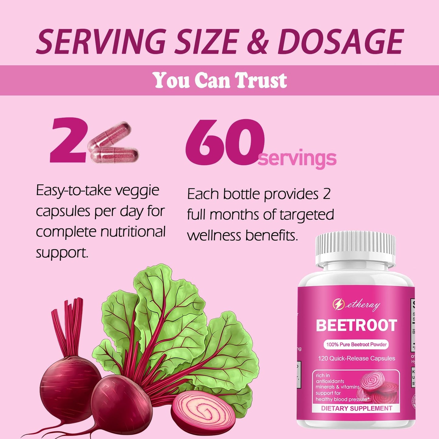 Etheray Beetroot Capsules – 120 Count, Pure Beet Root Powder, 60 Days Supply