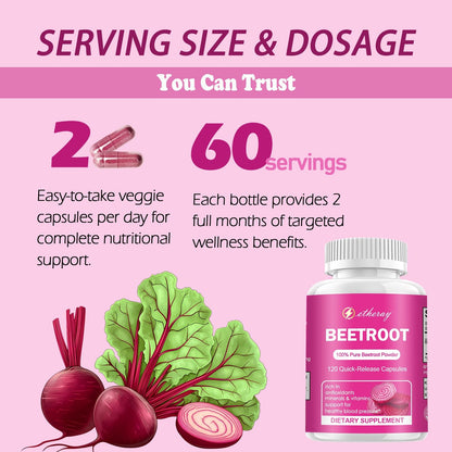 Etheray Beetroot Capsules – 120 Count, Pure Beet Root Powder, 60 Days Supply