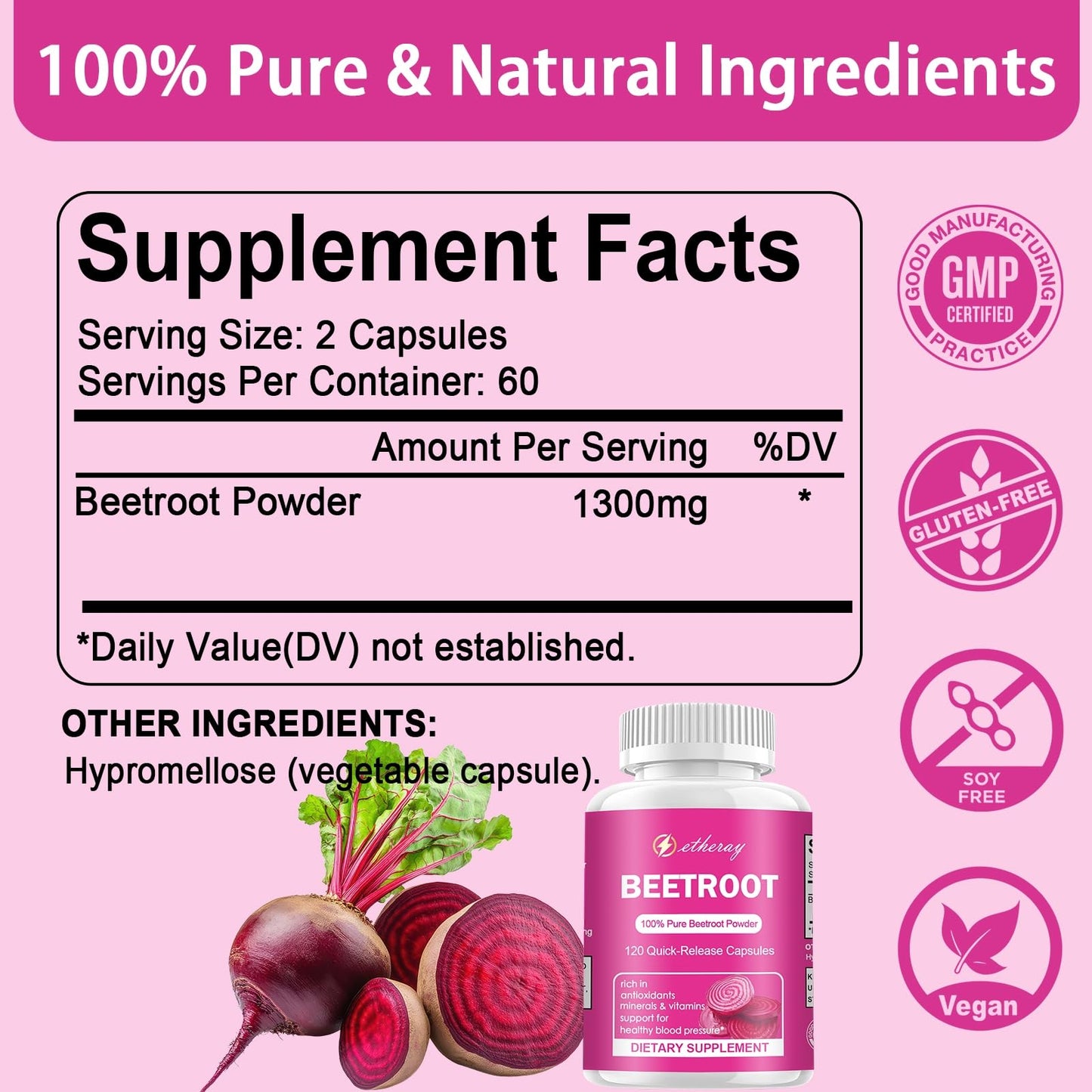 Etheray Beetroot Capsules – 120 Count, Pure Beet Root Powder, 60 Days Supply