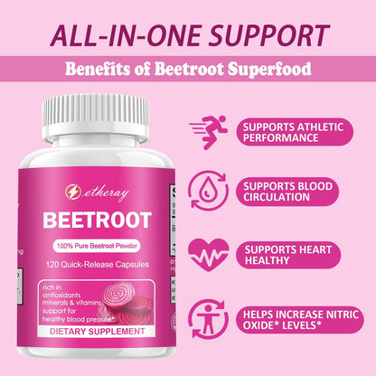 Etheray Beetroot Capsules – 120 Count, Pure Beet Root Powder, 60 Days Supply