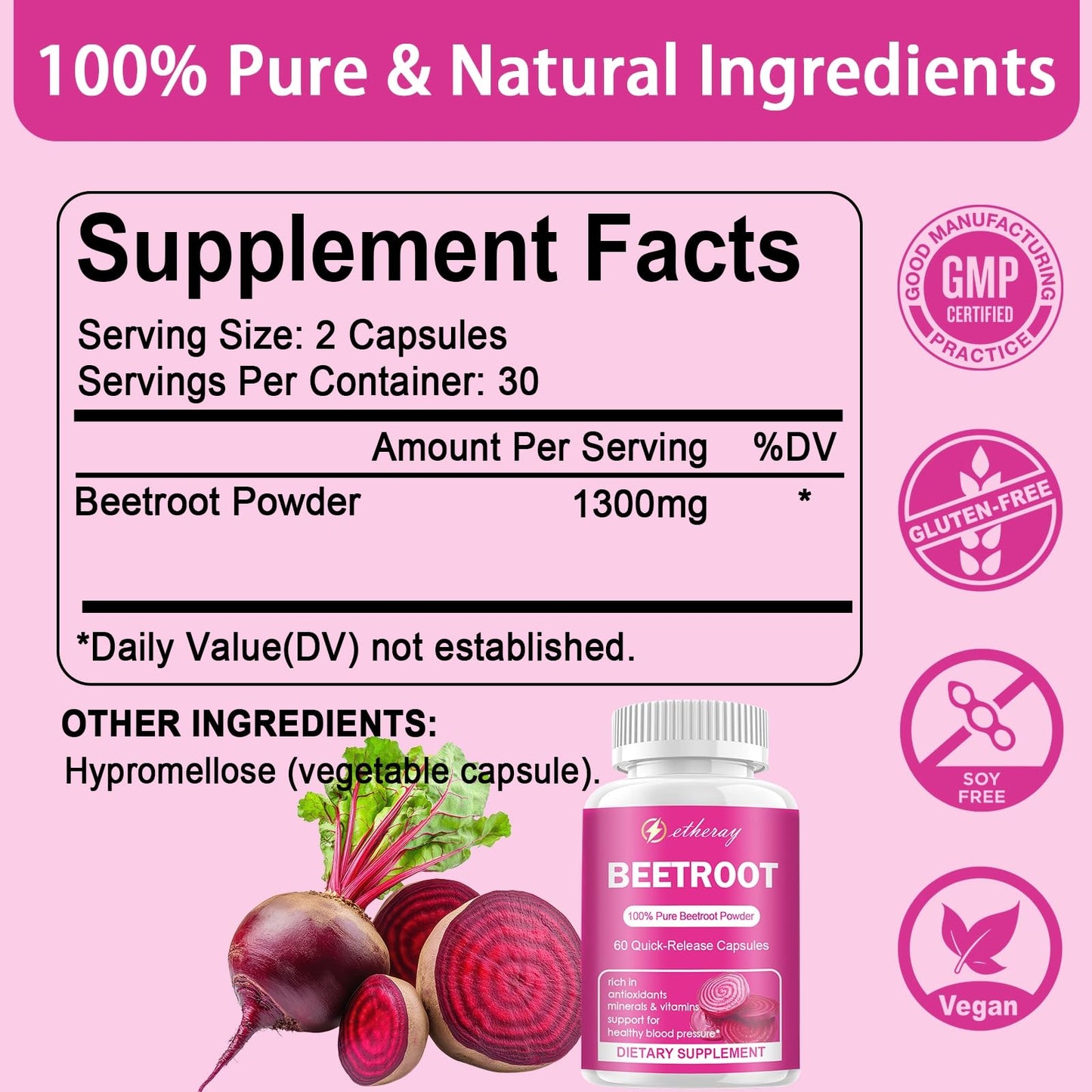 Etheray Beetroot Capsules - 1300mg per Serving | Organic Beetroot Powder - 60 Capsules