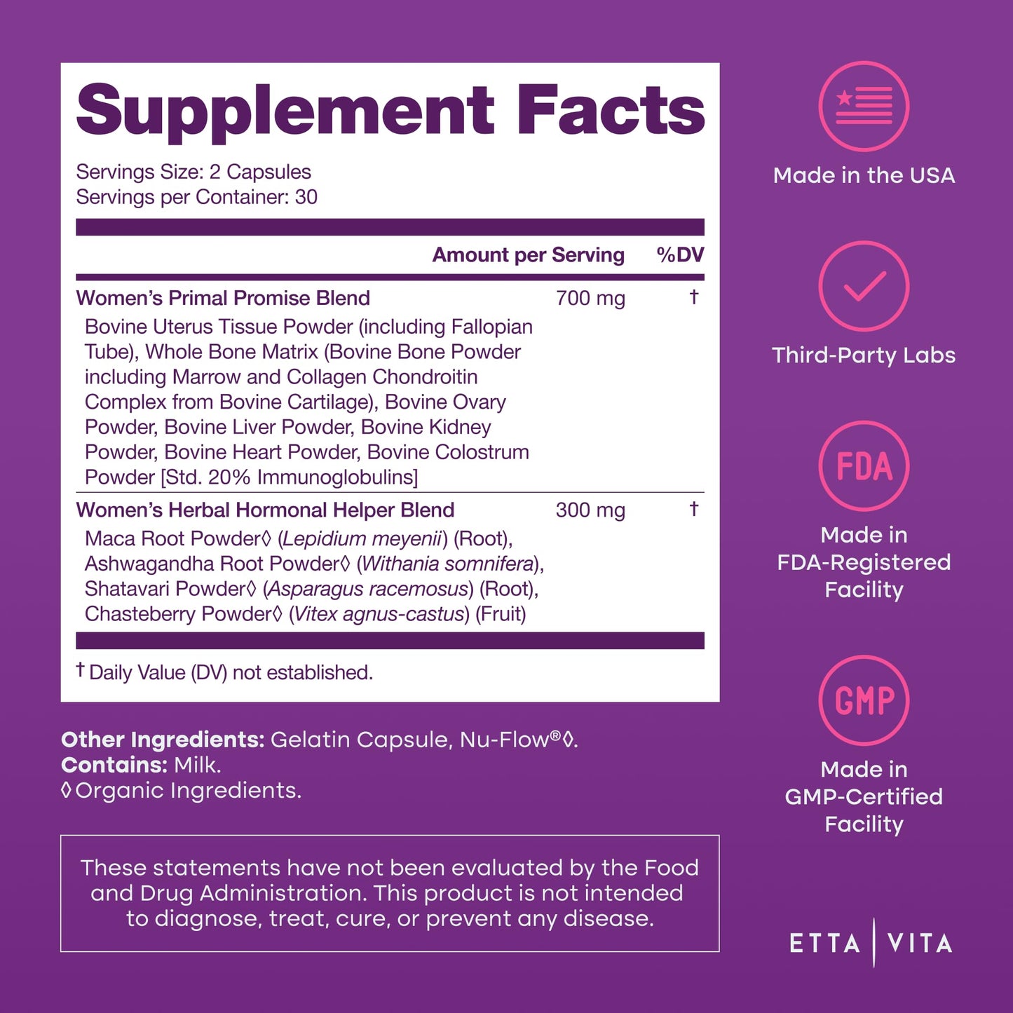 Etta Vita Women's Primal Beef Organ Supplement - 60 Capsules