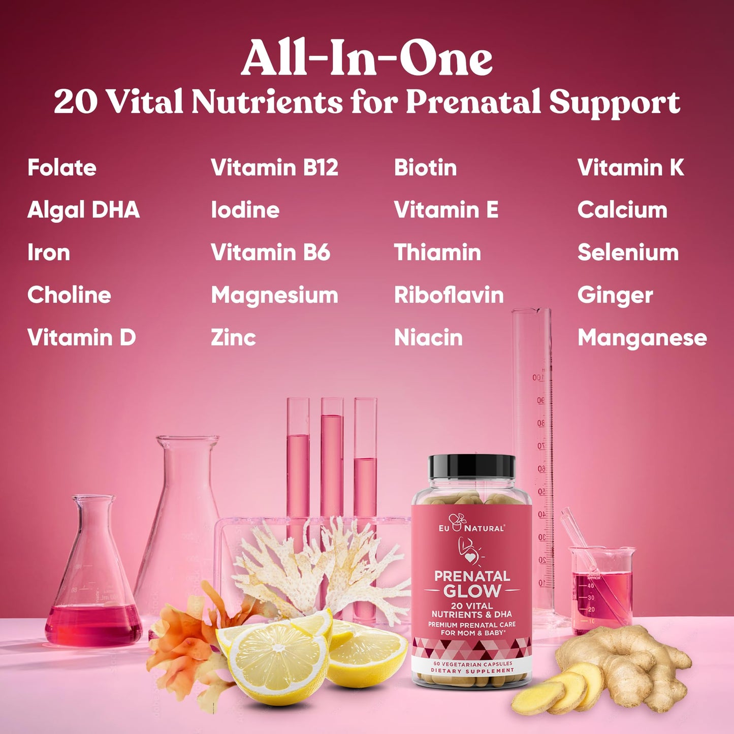 Glow Prenatal Vitamins for Women by Eu Natural – 20-in-1 DHA & Folic Acid, Vegetarian, 120 Capsules