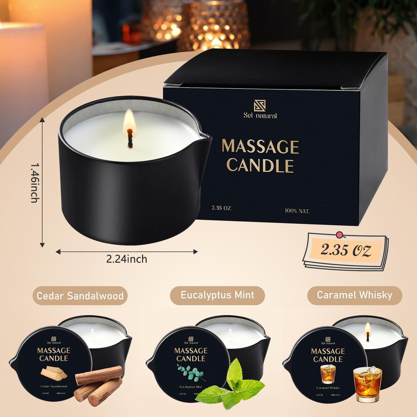3 Pack Massage Oil Candles 2.35oz – Eucalyptus Mint, Cedar Sandalwood, Caramel Whisky