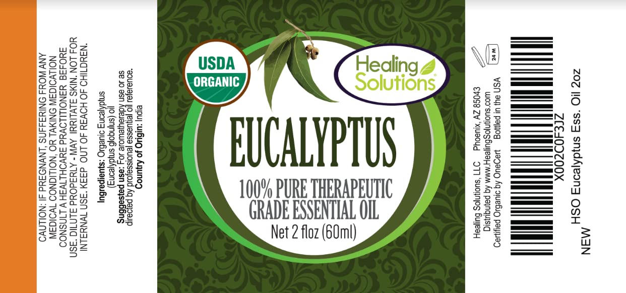 Healing Solutions Organic Eucalyptus Essential Oil 60ml/2oz – Pure Eucalyptus for Diffusers