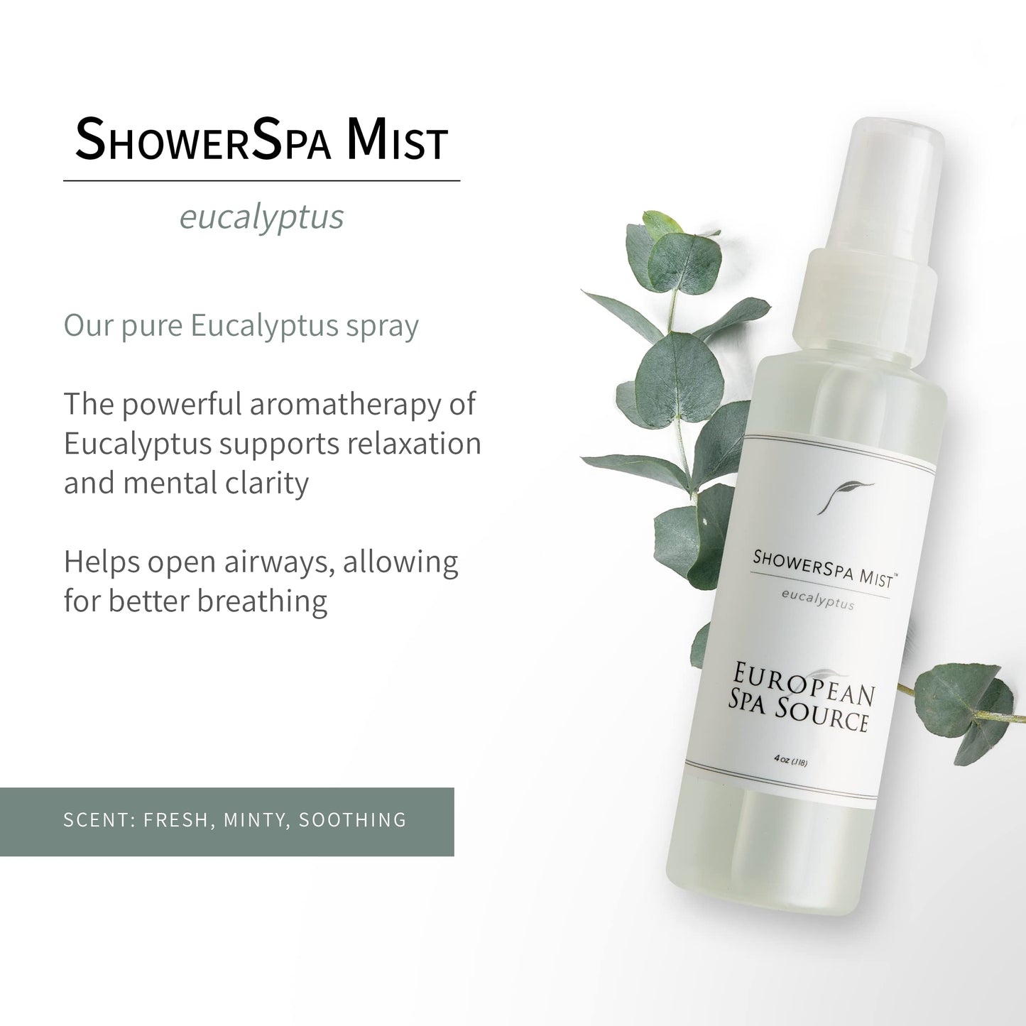 European Spa Source Eucalyptus ShowerSpa Mist Spray for Aromatherapy, At Home Spa Experience, Sinus Congestion Relief, and Tension Relief, 4 fl oz
