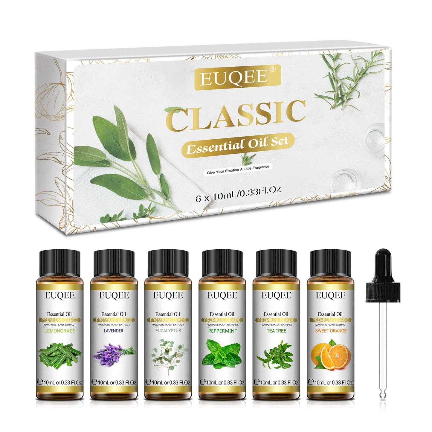 EUQEE 6-Piece Essential Oils Set – 10ml Each (Lavender, Eucalyptus, Peppermint, Tea Tree, Sweet Orange, Lemongrass)