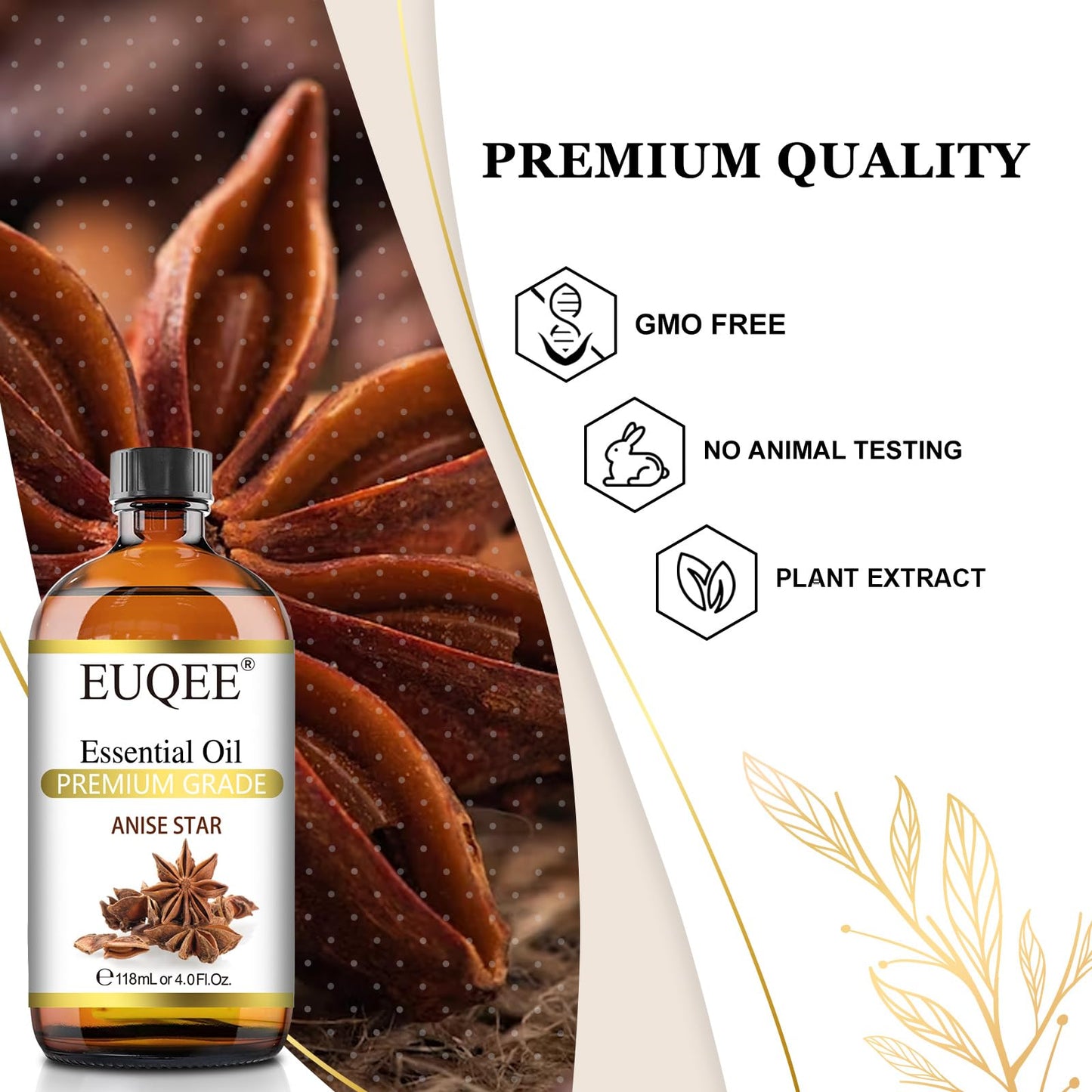 EUQEE Anise Star Essential Oil 4oz / 118ml – Pure & Premium Fragrance with Glass Dropper