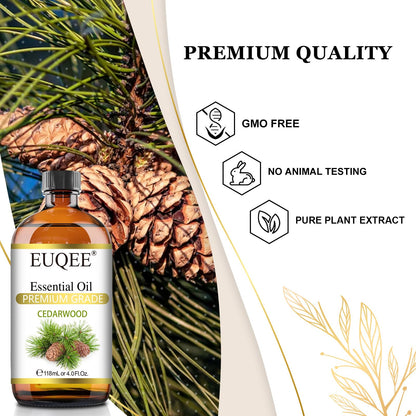 EUQEE Cedarwood Essential Oil 118mL – Pure Cedarwood Oil for Diffusers & Humidifiers | Glass Dropper