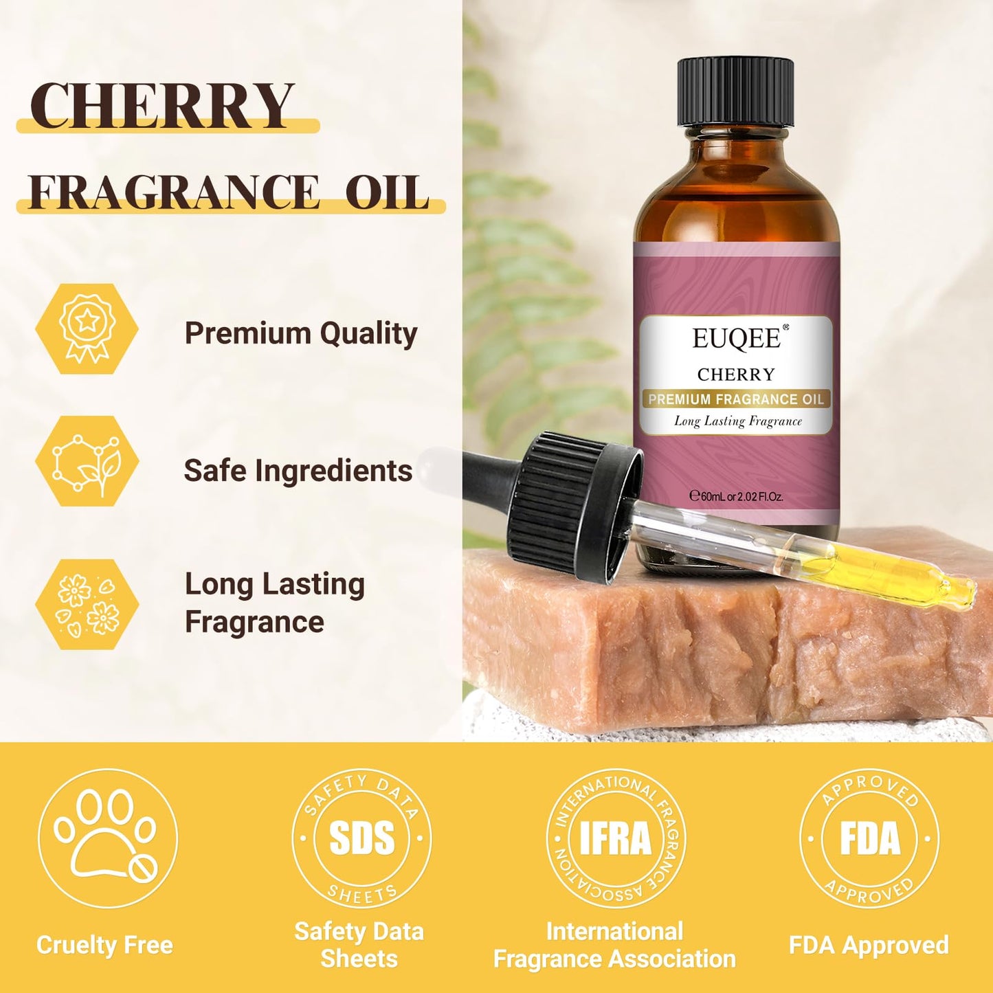 Cherry Fragrance Oil 60ml | EUQEE Premium Essential Oil with Glass Dropper for Diffusers, Candles & Soaps