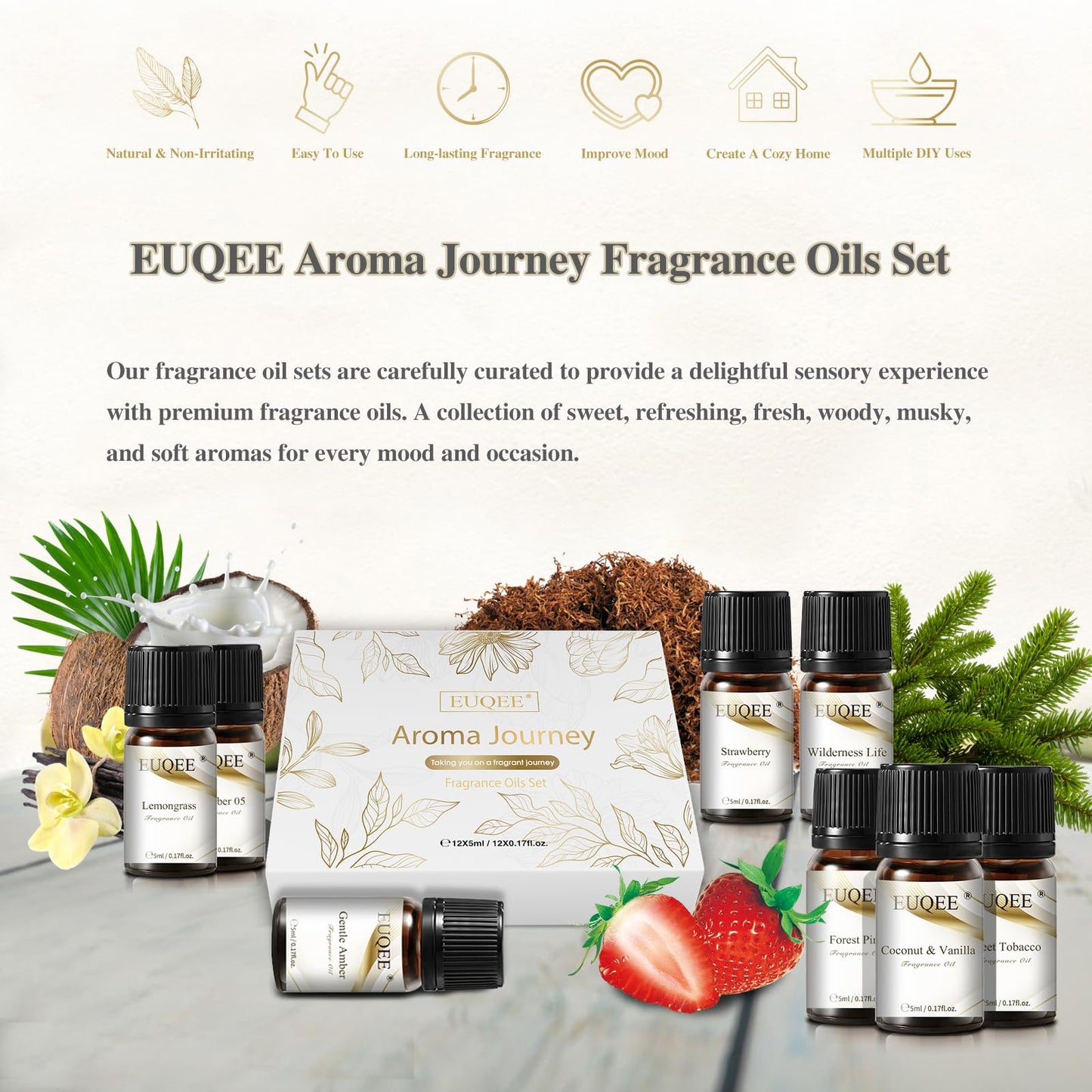 EUQEE 12pcs Fragrance Oils Gift Set – Premium Essential Oils for Diffuser & DIY