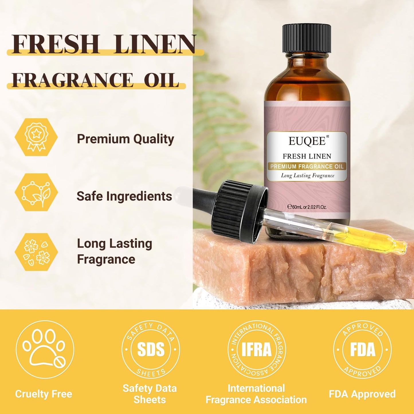 EUQEE Fresh Linen Fragrance Oil 60ml – Premium Essential Oil for Aromatherapy, Diffusers, DIY Bath Bombs & Candles