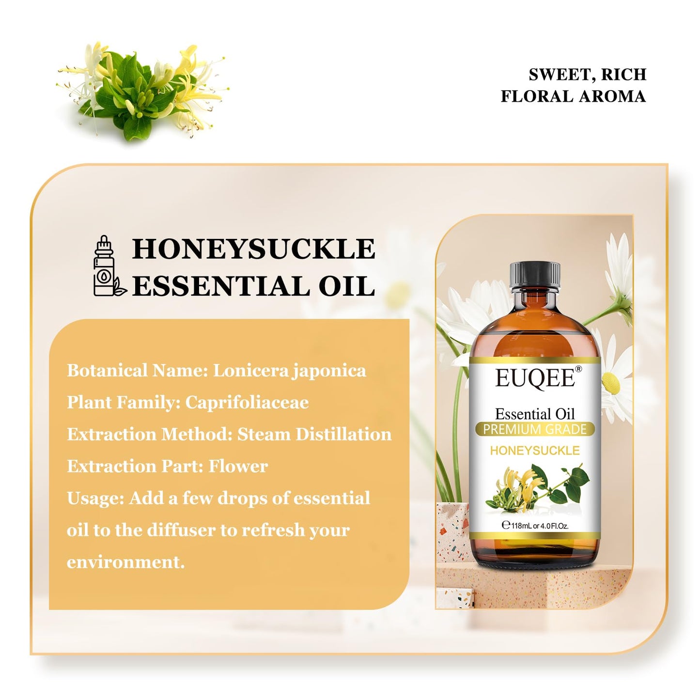 EUQEE Honeysuckle Essential Oil 118ml (4 Fl Oz) – Pure Honeysuckle Oil with Glass Dropper