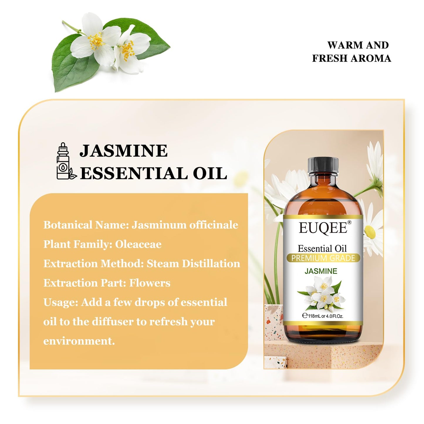 EUQEE Jasmine Essential Oil 118ml – Premium Jasmine Oil for Aromatherapy, Diffuser, DIY Soap & Candle Making (4 Fl Oz)