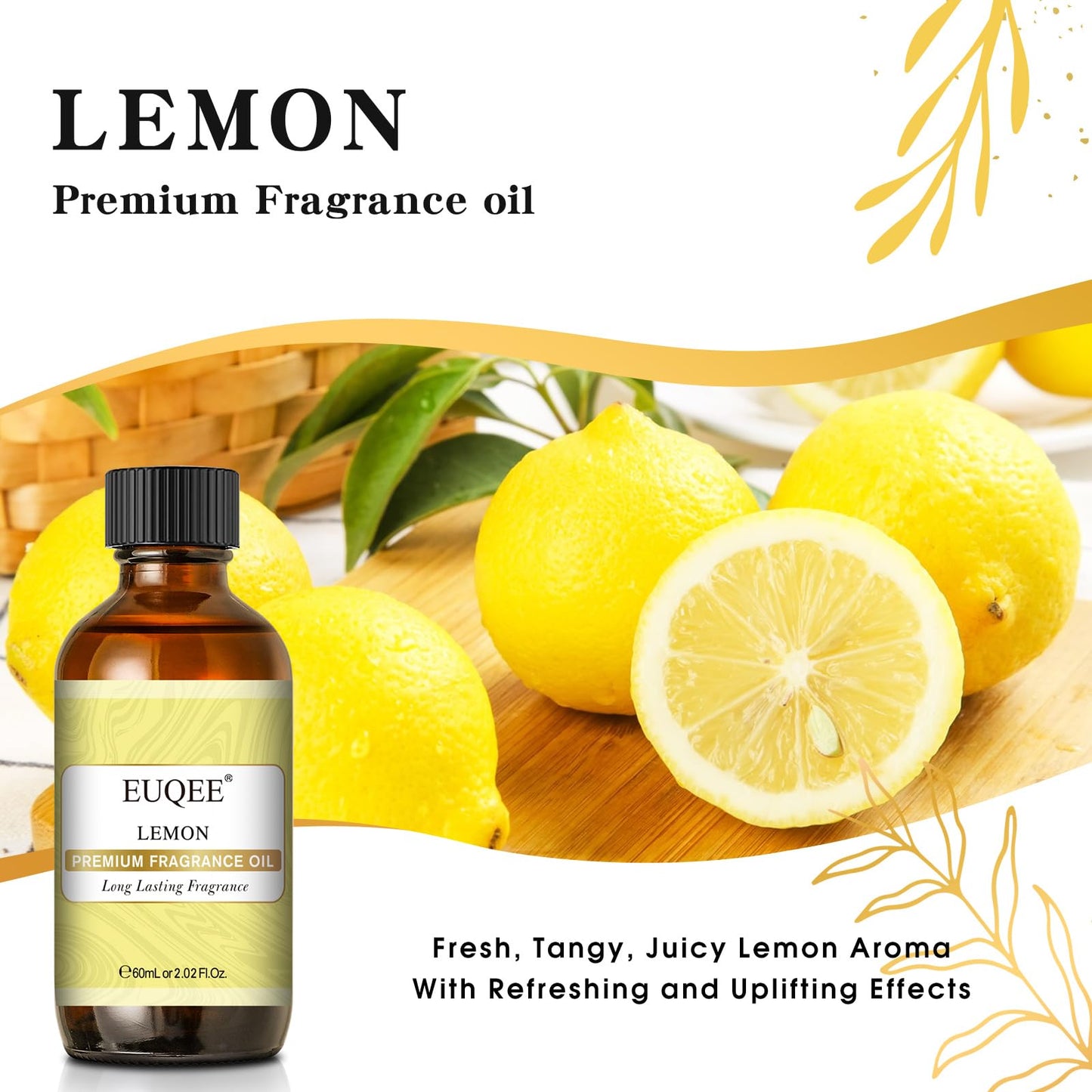 EUQEE Lemon Fragrance Oil – Premium Essential Oil with Glass Dropper, 60 ml (2.02 fl oz) for Diffusers, Bath Bombs, and Candles