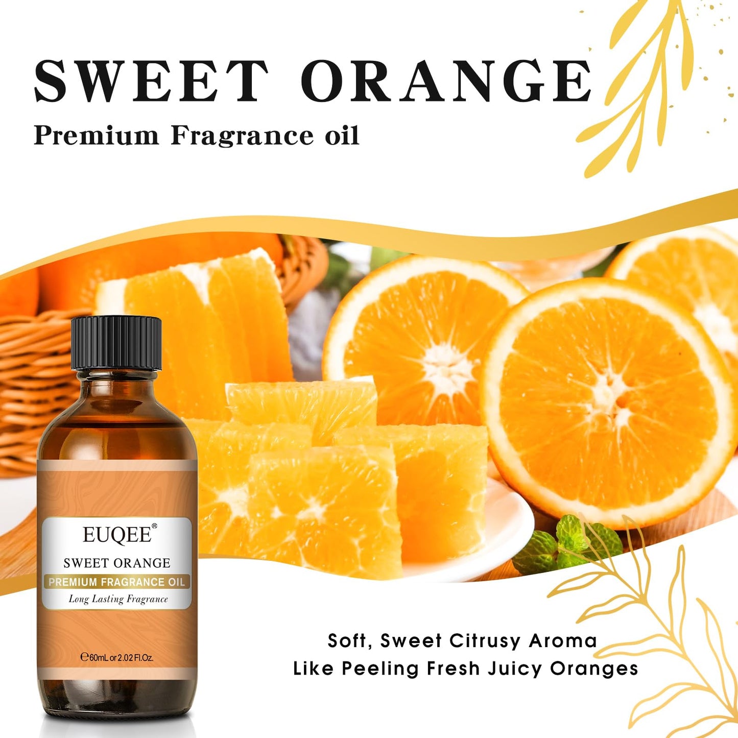 EUQEE Sweet Orange Fragrance Oil 60ml – Glass Dropper for Diffusers, Candles & Soap