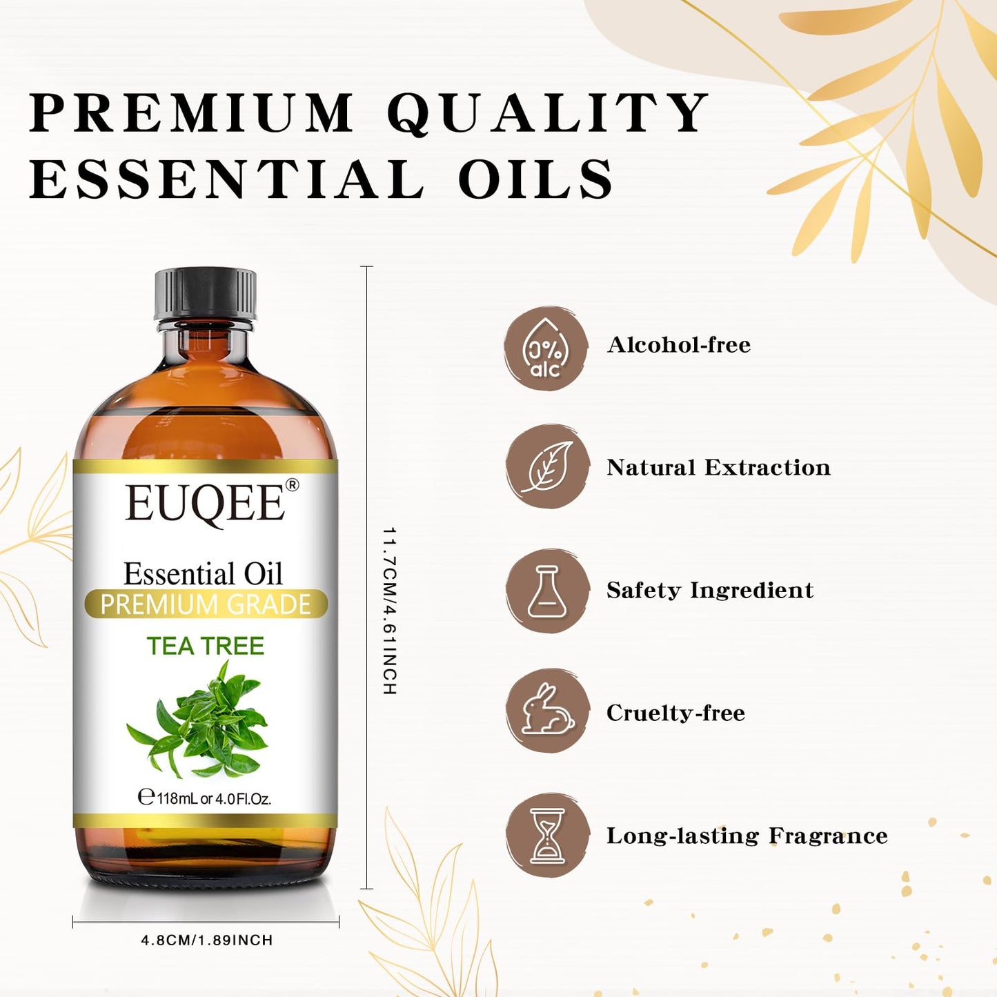EUQEE Tea Tree Essential Oil 4 oz (118 ml) with Glass Dropper – Aromatherapy, Diffuser & DIY Soap