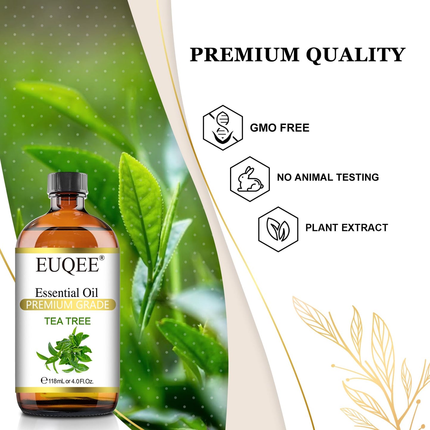 EUQEE Tea Tree Essential Oil 4 oz (118 ml) with Glass Dropper – Aromatherapy, Diffuser & DIY Soap