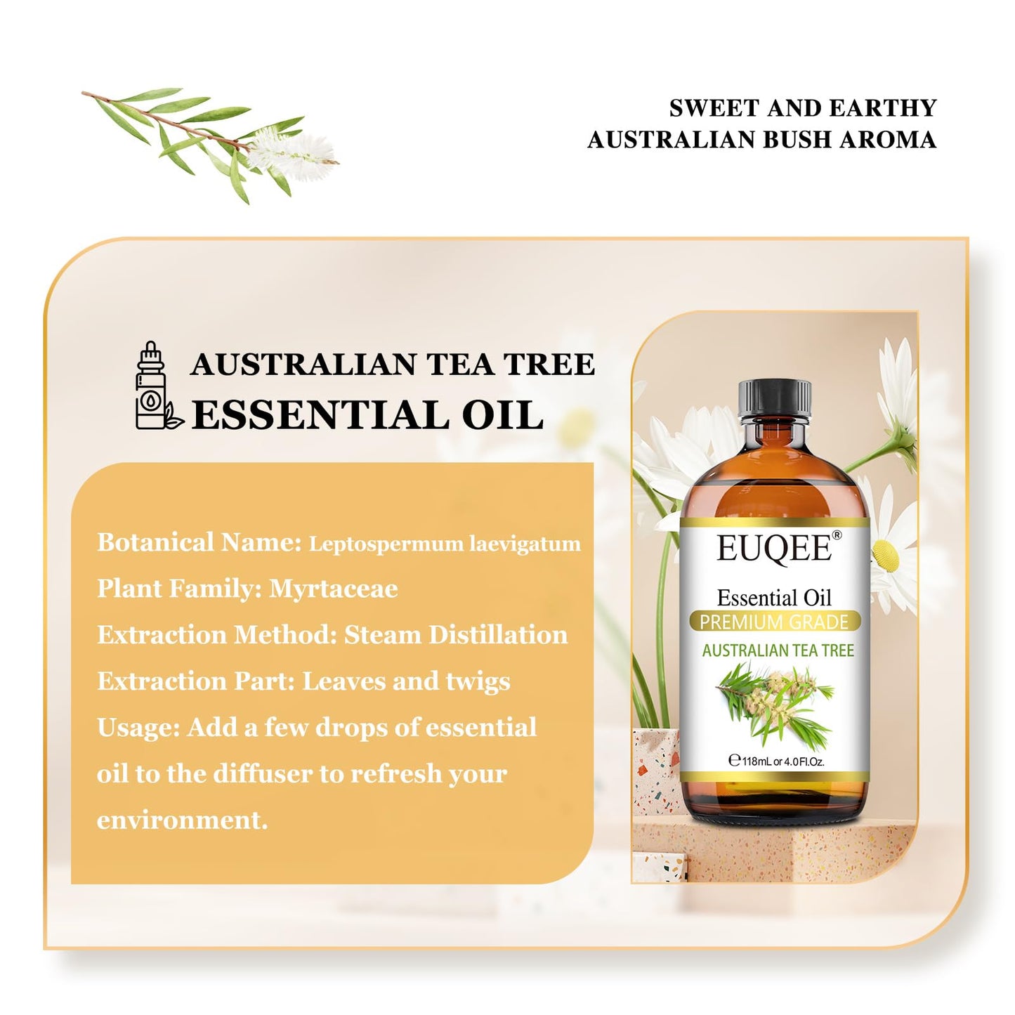EUQEE Australian Tea Tree Essential Oil 4 oz - Premium Grade for Diffusers, Candles & Soap
