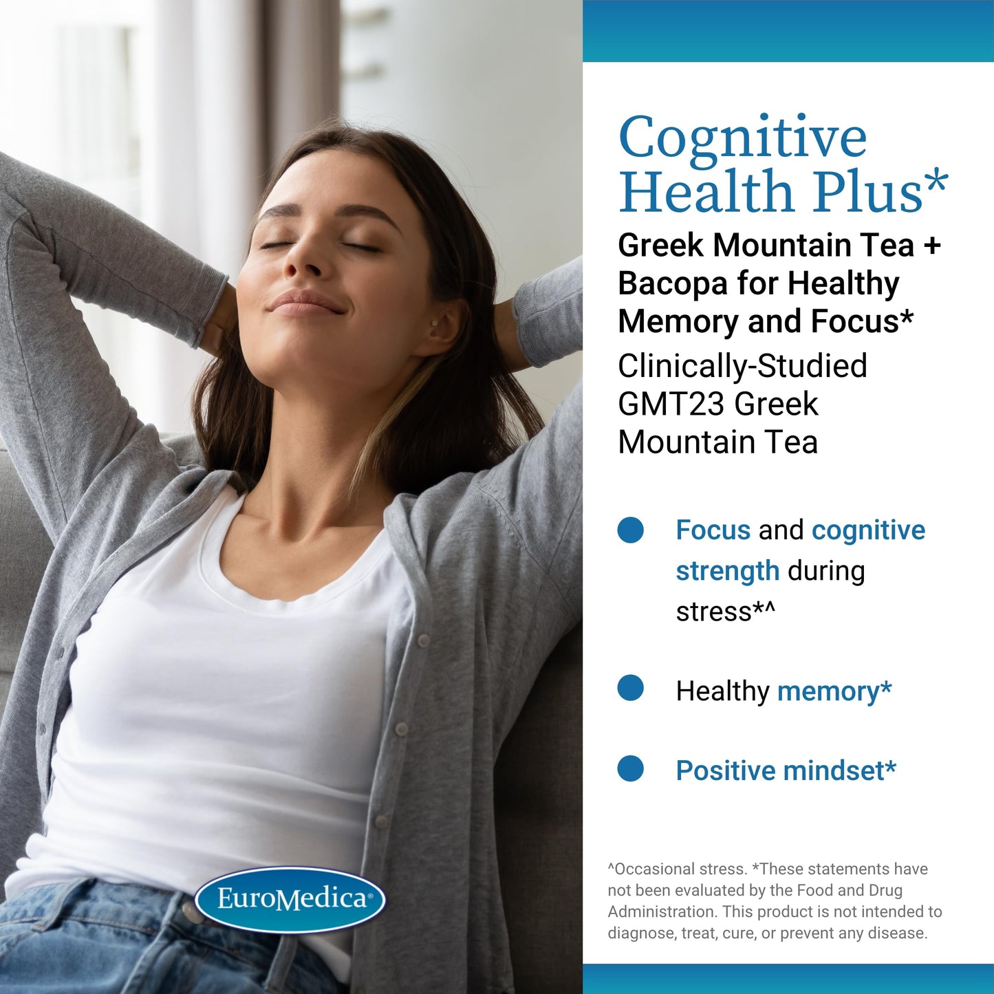 EuroMedica Cognitive Health Plus - Brain Health Supplement for Focus & Memory | Non-GMO & Vegan | 30 Capsules