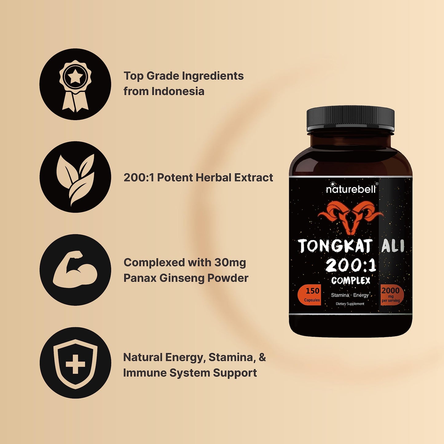 Tongkat Ali 200:1 Longjack Extract for Men – 2000mg, 150 Capsules, Indonesia | Panax Ginseng