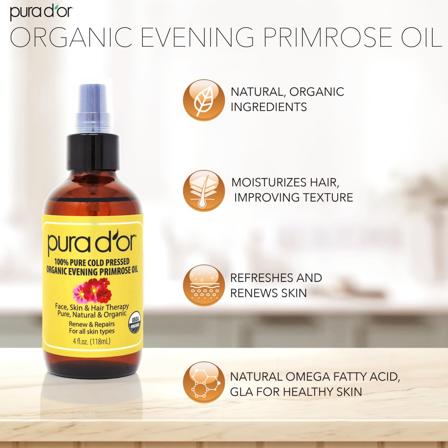 PURA D'OR Organic Evening Primrose Oil (4oz) – Pure Cold-Pressed, Essential Fatty Acids & Antioxidants for Skin, Hair & Face