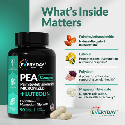 EVERYDAY NUTRITION PEA 400 mg + Luteolin & Magnesium Glycinate | 90 Capsules | Pain Relief & Inflammation Support