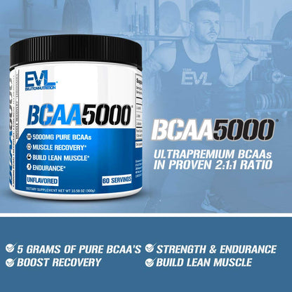 EVL BCAA5000 Amino Acids Powder – Stim-Free Pre & Post Workout Recovery (Unflavored, 5g)