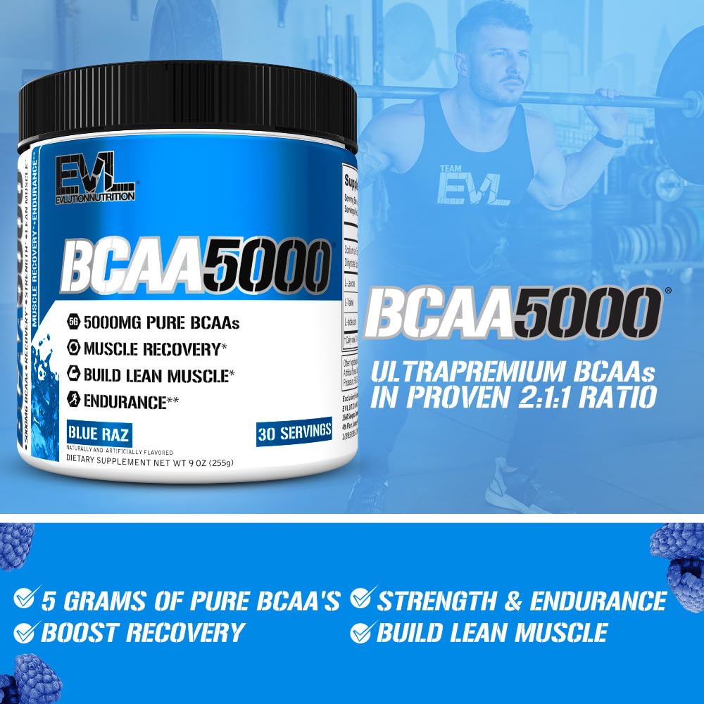 EVL BCAAs – 5g BCAA 2:1:1, Post-Workout Recovery, Stim-Free Pre-Workout (Blue Raz)