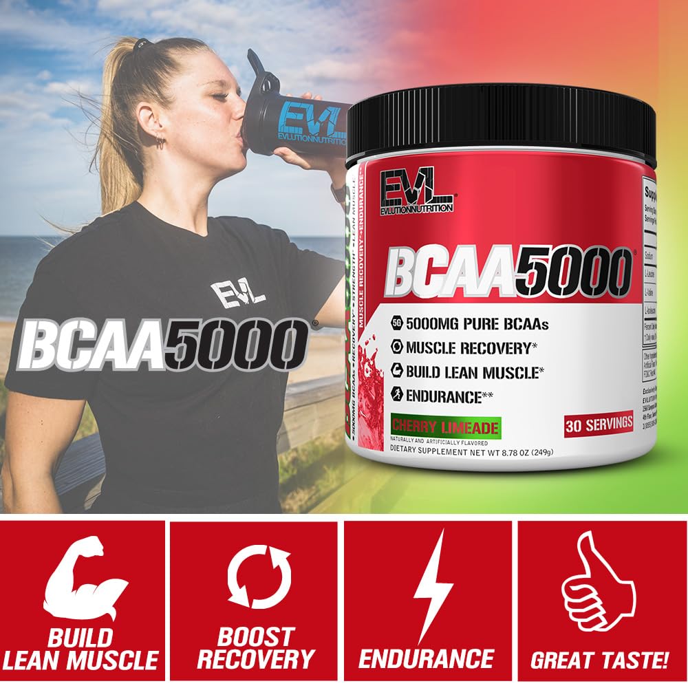 EVL BCAAs Amino Acids Powder – 5g BCAA 2:1:1 for Post-Workout Recovery & Stim-Free Pre-Workout – Cherry Limeade