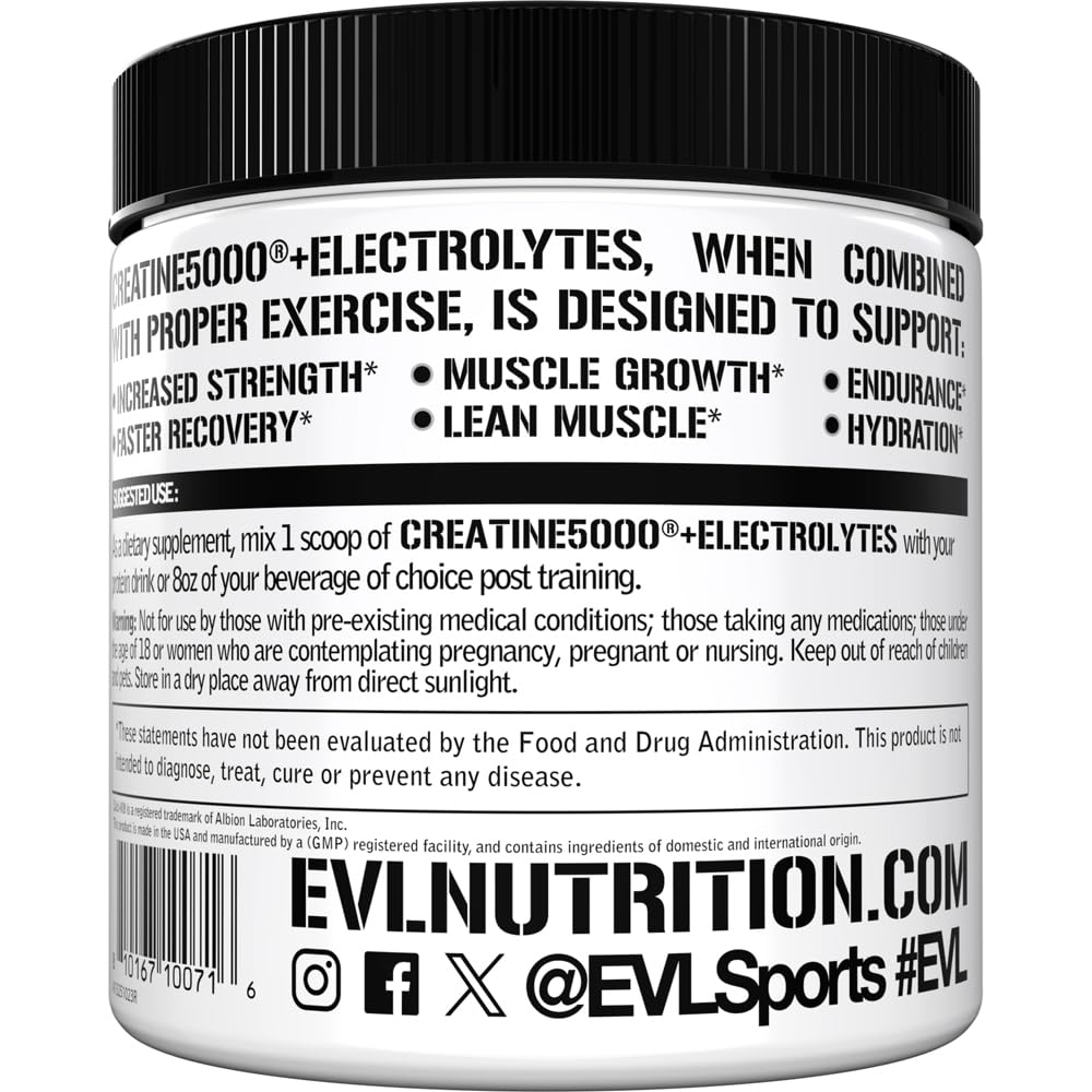 Evlution Nutrition Creatine 5000 + Electrolytes – 5g Creatine Monohydrate + 6 Electrolytes per Serving, 40 Servings, Unflavored