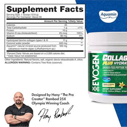 Evogen Collagen Plus Hydration – Grass-Fed Collagen for Skin & Joints | Vanilla Bean